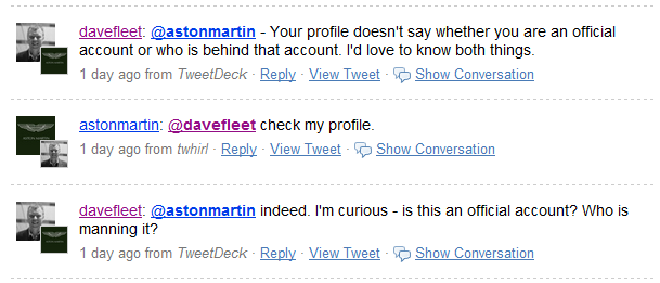 Twitter exchange with fake Aston Martin account Twitter exchange with fake Aston Martin account
