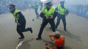 Police officers reacting to the Boston Marathon bomb attack